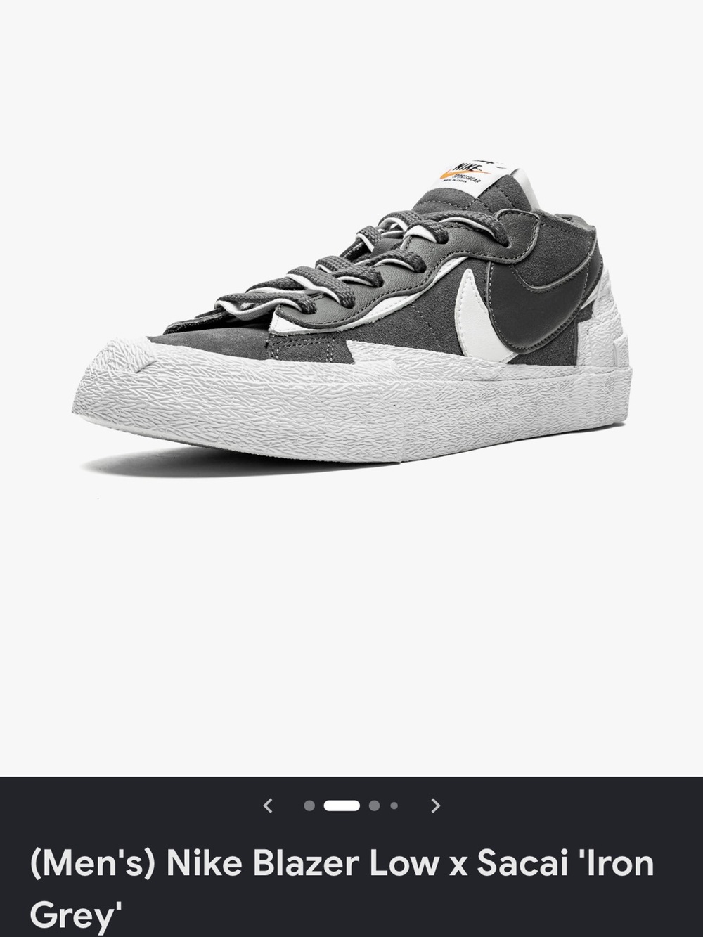 Nike Blazer Low x Sacai in Grey and White - Like New